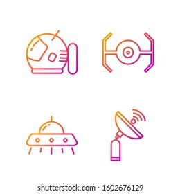 Set line Radar, UFO flying spaceship, Astronaut helmet and Cosmic ship. Gradient color icons. Vector