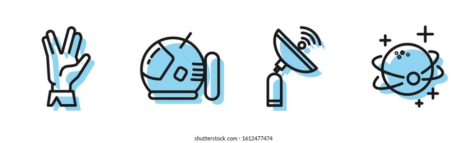 Set line Radar, Vulcan salute, Astronaut helmet and Planet icon. Vector