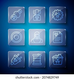 Set line Radiation electrical plug, Radioactive waste in barrel, Infectious, Nuclear reactor worker, Power button, exchange energy and warning document icon. Vector