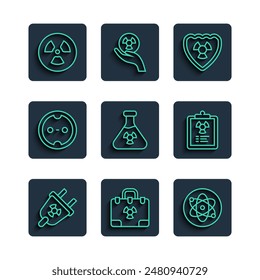 Set line Radiation electrical plug, nuclear suitcase, Atom, Radioactive in shield, Test tube radiation, Electrical outlet,  and warning document icon. Vector