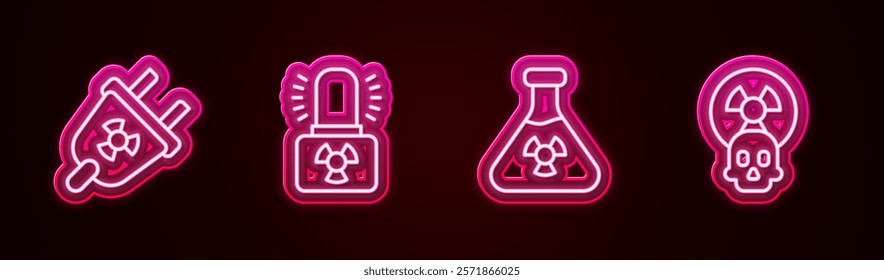 Set line Radiation electrical plug, Radioactive warning lamp, Test tube radiation and . Glowing neon icon. Vector