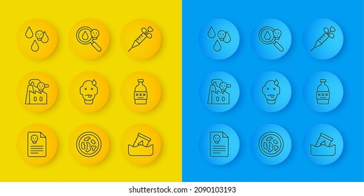 Set line Radiation warning document, Smoke from factory, Man poisoning, Radioactive waste barrel, Poisoned alcohol, Acid rain, Syringe and magnifying glass icon. Vector