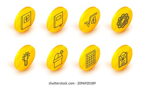 Set line Radiation warning document, Calculator, Astronomical observatory, Test tube and flask, Atom, Square root of 4 glyph, Book and Electrical panel icon. Vector