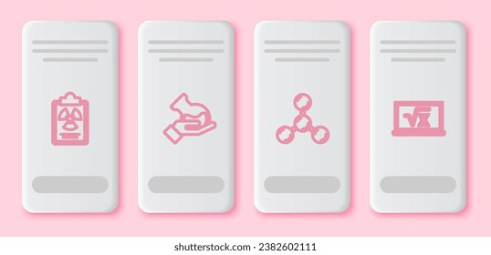 Set line Radiation warning document, Test tube and flask, Molecule and Square root of x glyph. White rectangle button. Vector