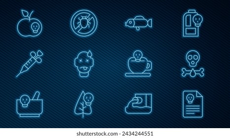 Set line Radiation warning document, Bones and skull, Puffer fish, Man poisoning, Syringe, Poison apple, Coffee cup with and Stop colorado beetle icon. Vector