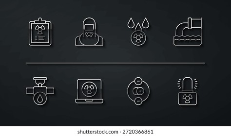 Documento de advertencia de radiación, tubería y válvula de la industria, aguas residuales, átomo, computadora portátil nuclear, trabajador del reactor, lámpara radiactiva e icono de nube radiactiva de lluvia ácida. Vector