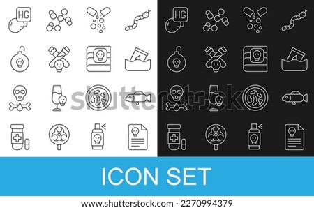 Set line Radiation warning document, Puffer fish, Radioactive waste barrel, Poisoned pill, Bottle with potion, Nuclear bomb, Drop of mercury and Book about poisons icon. Vector