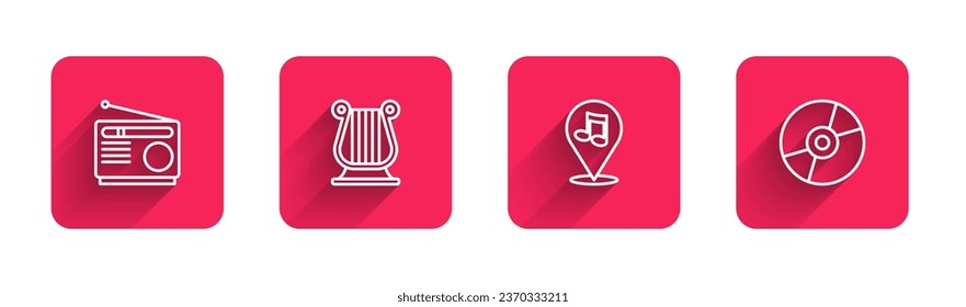 Set line Radio, Ancient Greek lyre, Location musical note and Vinyl disk with long shadow. Red square button. Vector