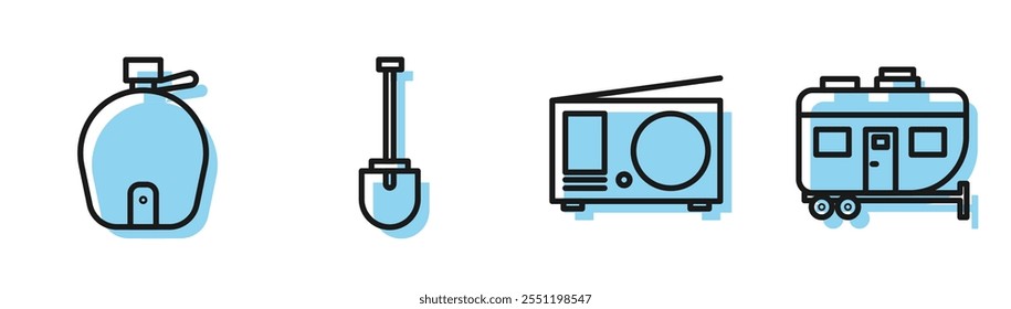 Set line Radio with antenna, Canteen water bottle, Shovel and Rv Camping trailer icon. Vector