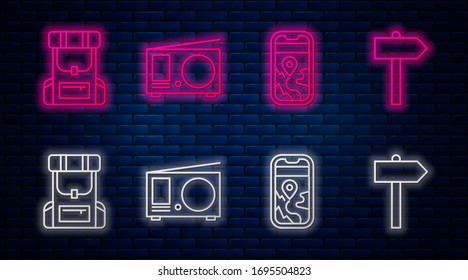 Set line Radio with antenna, City map navigation, Hiking backpack and Road traffic signpost. Glowing neon icon on brick wall. Vector