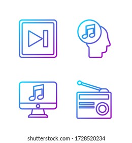 Fijar la línea Radio con antena, Computadora con nota musical, Avance rápido y Nota musical en la cabeza humana. Iconos de color de degradado. Vector