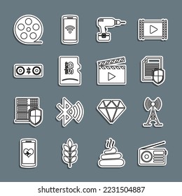 Set line Radio, Antenna, Document protection, Drill machine, Micro SD memory card, speakers, Film reel and Movie clapper icon. Vector