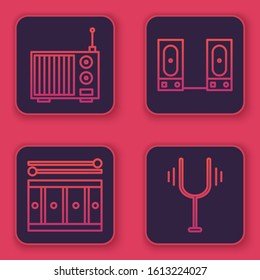 Set line Radio with antenna, Drum with drum sticks, Stereo speaker and Musical tuning fork. Blue square button. Vector