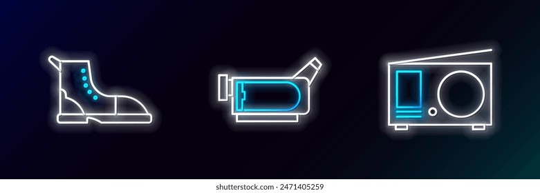 Set line Radio with antenna, Hiking boot and Cinema camera icon. Glowing neon. Vector