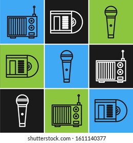 Set line Radio with antenna, Microphone and Vinyl disk icon. Vector