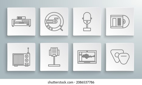 Set line Radio with antenna, Music CD player, stand, Sound or audio recorder on laptop, Guitar pick, Microphone, Vinyl disk and  icon. Vector