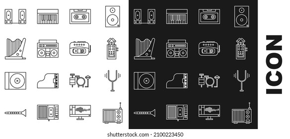 Set line Radio with antenna, Musical tuning fork, Microphone, Retro audio cassette tape, Home stereo two speakers, Harp, Stereo and player icon. Vector