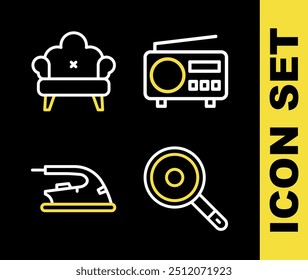 Set line Radio, Frying pan, Electric iron and Sofa icon. Vector