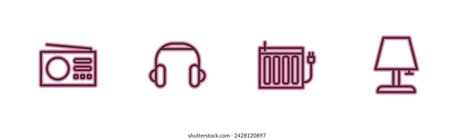 Set line Radio, Heating radiator, Headphones and Table lamp icon. Vector