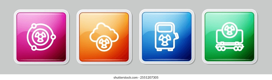 Set line Radioactive, Acid rain and radioactive cloud, Electric car charging station and cargo train. Colorful square button. Vector