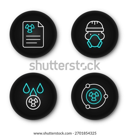 Set line Radioactive, Acid rain and radioactive cloud, Nuclear reactor worker and Radiation warning document icon. Vector