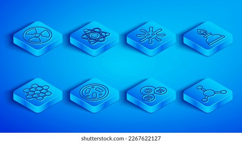Fijar línea Radioactiva, Átomo, Bacterias, Pestaña Petri con bacterias, Fórmula química para H2O, Quemador de alcohol, Molécula e ícono. Vector