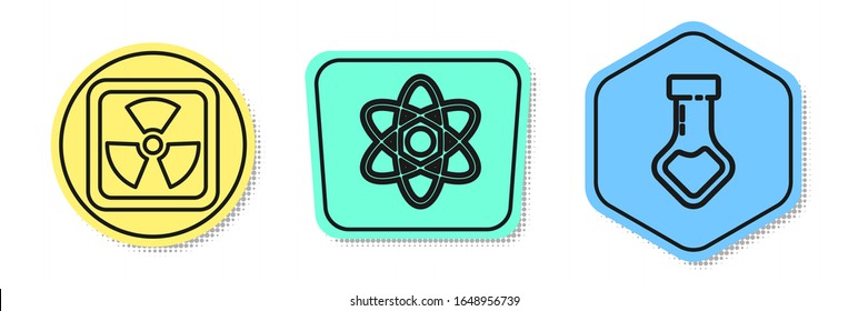 Set line Radioactive, Atom and Test tube and flask chemical. Colored shapes. Vector