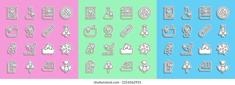 Set line Radioactive, Bacteria, Bottle with potion, Book about poisons, in location, Mortar and pestle, waste barrel and Thermometer icon. Vector