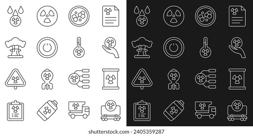 Fijar línea de tren de carga radiactivo, cañón de desecho, molécula, botón de encendido, explosión nuclear, nube ácida y radiactiva e icono del termómetro meteorológico. Vector