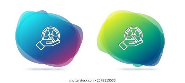 Set line Radioactive in hand icon isolated on white background. Radioactive toxic symbol. Radiation Hazard sign. Abstract banner with liquid shapes. Vector