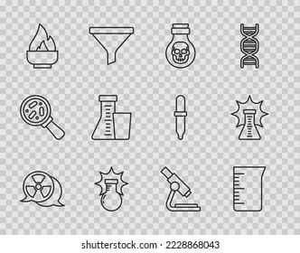 Set line Radioactive, Laboratory glassware or beaker, Poison in bottle, Chemical explosion, Alcohol spirit burner, Test tube and flask, Microscope and  icon. Vector