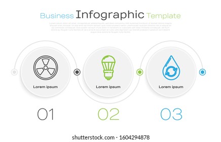 Set line Radioactive, LED light bulb and Recycle clean aqua. Business infographic template. Vector