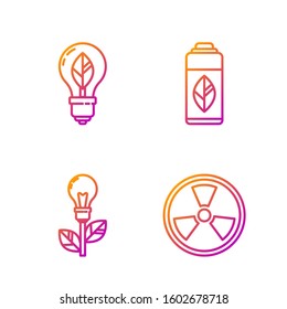 Set line Radioactive, Light bulb with leaf, Light bulb with leaf and Recycling plastic bottle. Gradient color icons. Vector