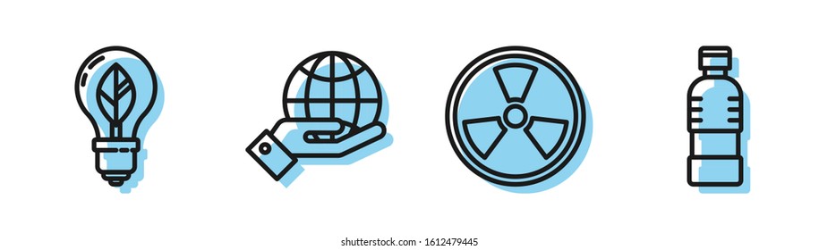 Set line Radioactive, Light bulb with leaf, Human hands holding Earth globe and Bottle of water icon. Vector