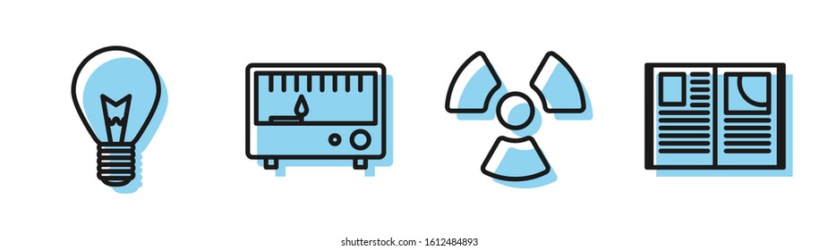 Set line Radioactive, Light bulb with concept of idea, Electrical measuring instruments and Open book icon. Vector