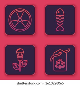 Set line Radioactive, Light bulb with leaf, Fish skeleton and Tag with recycle symbol. Blue square button. Vector