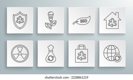 Set line Radioactive, Light bulb with leaf, Garbage bag recycle, Paper shopping, Planet earth and recycling, Leaf Bio symbol, Eco House and Recycle inside shield icon. Vector