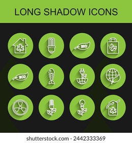 Set line Radioactive, Light bulb with leaf, Eco House recycling symbol, Tag recycle, Fish skeleton, Earth globe and and Electric saving plug icon. Vector