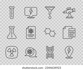 Set line Radioactive, Lightning bolt, Funnel or filter, Atom, Test tube, Chemistry report, DNA symbol and Calculator icon. Vector