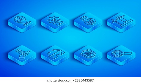 Set line Radioactive in location, Chemical explosion, Poison bottle, Safety goggle glasses, Shield protecting from virus, Test tube flask stand,  and Microorganisms under magnifier icon. Vector
