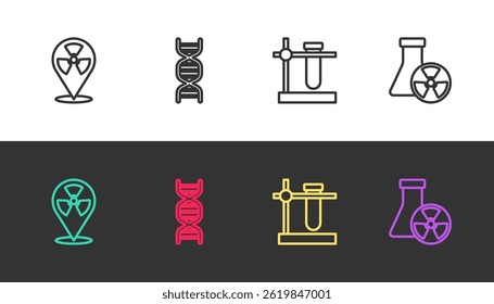 Set line Radioactive in location, DNA symbol, Test tube flask stand and radiation on black and white. Vector