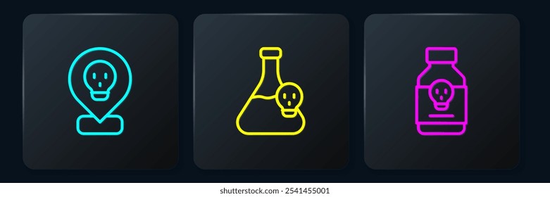 Definir linha Radioativo na localização, pílula envenenada e Copo com líquido tóxico. Botão quadrado preto. Vetor