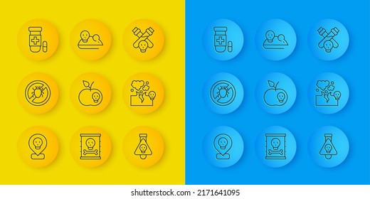 Set line Radioactive in location, Stop colorado beetle, Poison apple, Bottle with potion, Poisonous cloud of gas smoke, Antidote,  and Experimental mouse icon. Vector