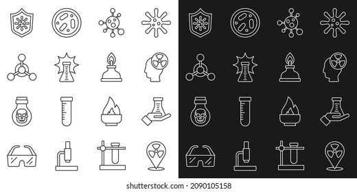 Fijar la línea Radioactiva en la ubicación, Tubo de ensayo y matraz, símbolo de radiación de la cabeza, molécula, explosión química, escudo protector del virus y del alcohol o icono de quemador de espíritus. Vector