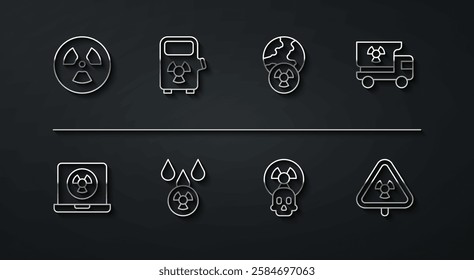 Set line Radioactive, Nuclear laptop, Truck with radiation materials, Acid rain and radioactive cloud, Electric car charging station, Triangle and Planet earth icon. Vector