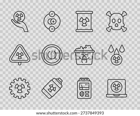 Set line Radioactive, Nuclear laptop, waste in barrel, energy battery, Power button, Dosimeter and Acid rain and radioactive cloud icon. Vector