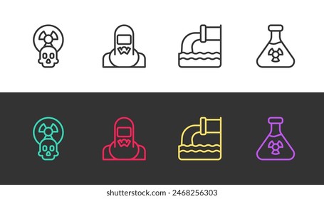 Set line Radioactive, Nuclear reactor worker, Wastewater and Test tube radiation on black and white. Vector