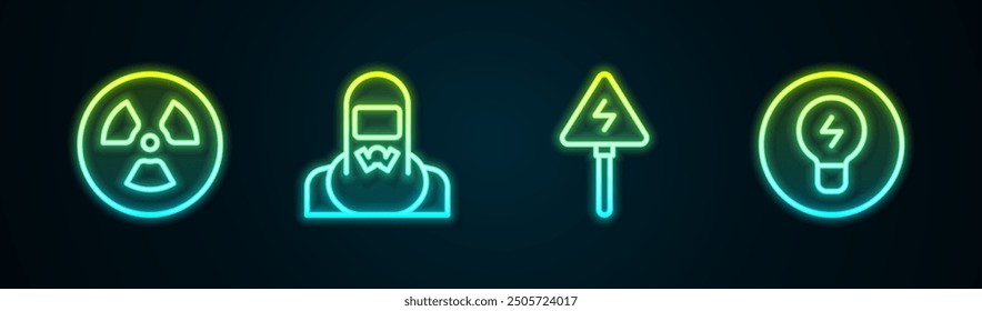 Set line Radioactive, Nuclear reactor worker, High voltage sign and Light bulb with concept of idea. Glowing neon icon. Vector