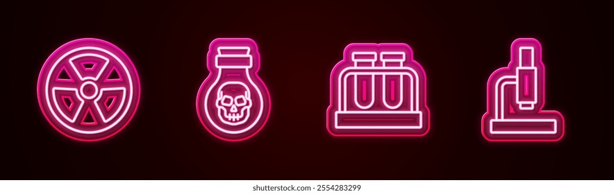 Set line Radioactive, Poison in bottle, Test tube and flask and Microscope. Glowing neon icon. Vector