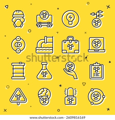 Set line Radioactive, Radiation warning document, Nuclear laptop, Light bulb with concept of idea, Wastewater, Atom, reactor worker and nuclear suitcase icon. Vector